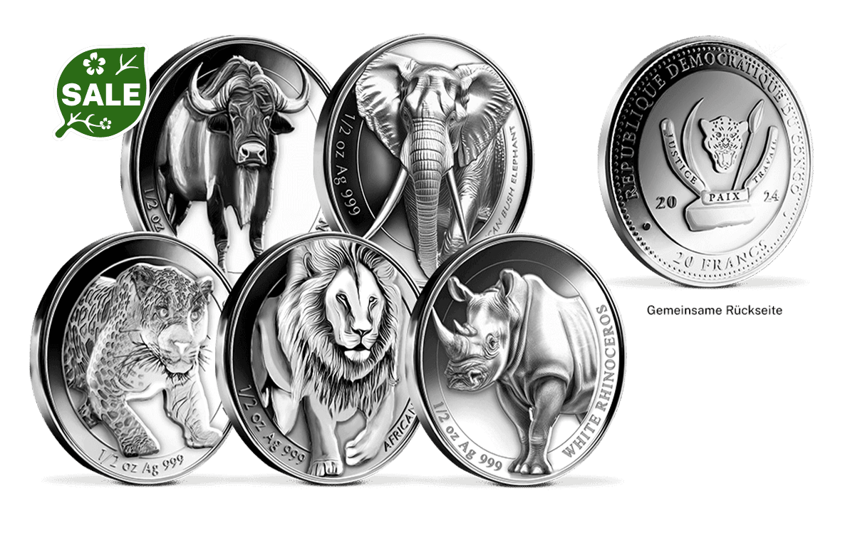 5er Set High-Relief Silbermünzen Big Five Löwe, Elefant, Leopard, Rhinozeros, Büffel