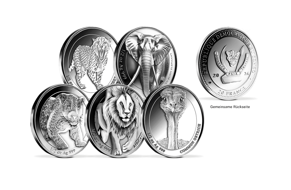 5er Set High-Relief Silbermünzen  Löwe, Leopard, Strauß, Gepard, Elefant 
