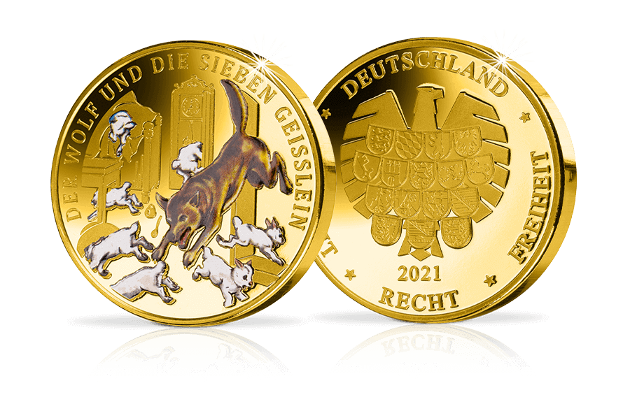 Piedfort-Gedenkprägung - Der Wolf und die sieben Geißlein Piedfort-Gedenkprägung - Der Wolf und die sieben Geißlein