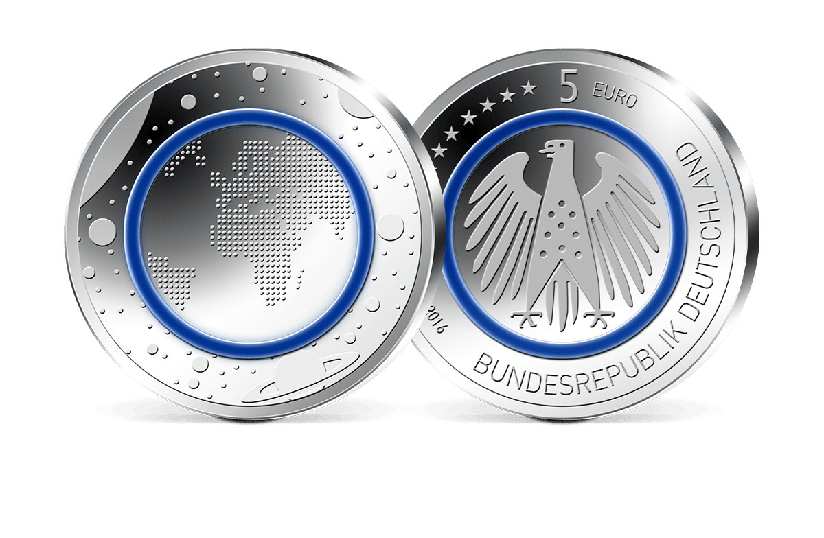 5-Euro-Münze 2016 Planet Erde mit blauem Polymer-Ring 5-Euro-Münze 2016 Planet Erde mit blauem Polymer-Ring