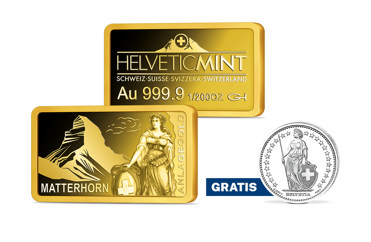 Schweizer Anlagebarren Matterhorn und 1-Schweizer-Franken gratis Schweizer Anlagebarren Matterhorn und 1-Schweizer-Franken gratis