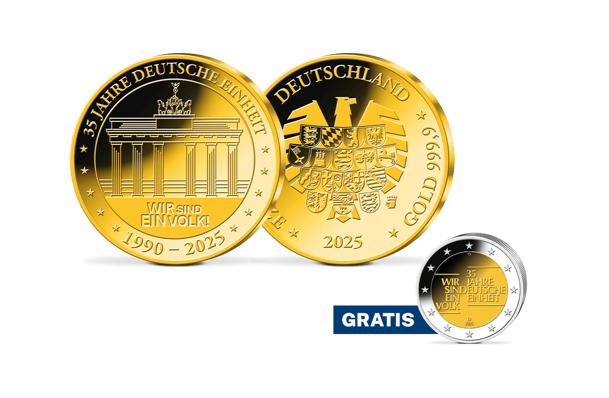 Gold-Gedenkprägung 35 Jahre Deutsche Einheit + 2-Euro-Münze 35 Jahre Deutsche Einheit