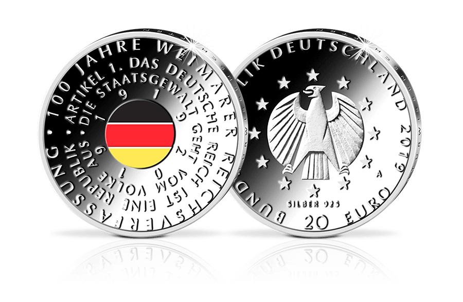 Farbige 20-Euro-Münze 100 Jahre Weimarer Verfassung 2019 Farbige 20-Euro-Münze 100 Jahre Weimarer Verfassung 2019