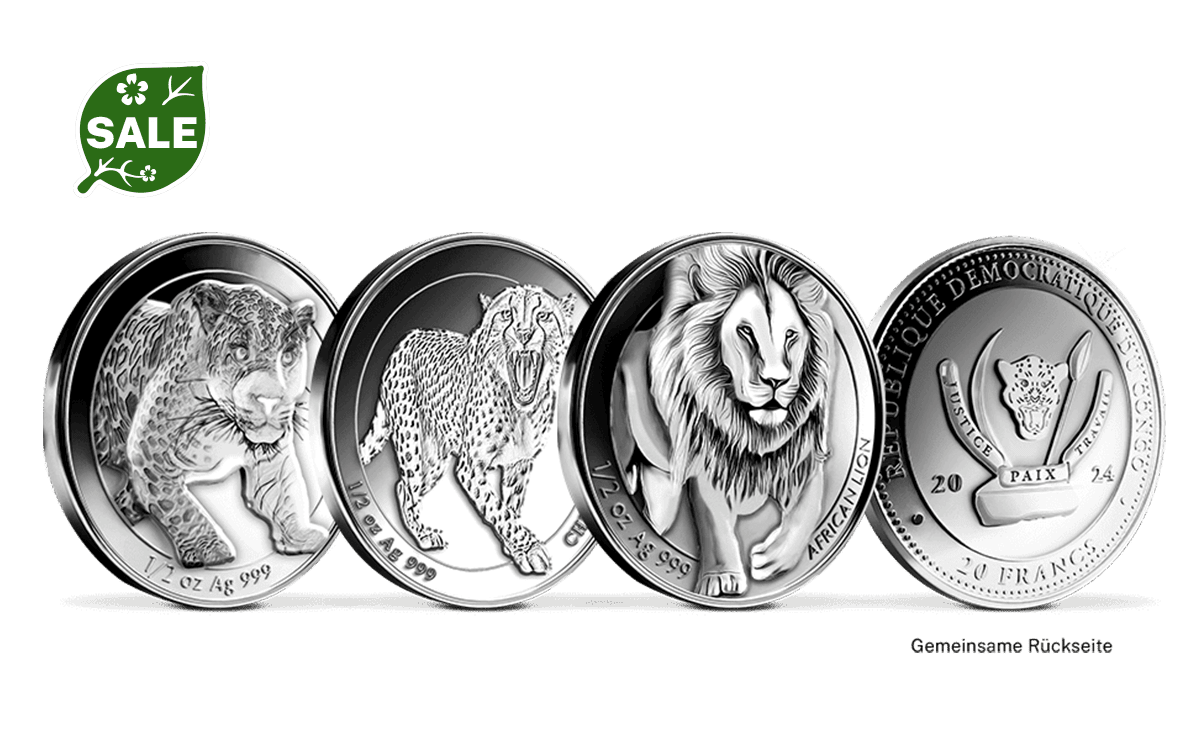 3er Set Highrelief-Silbermünzen Jäger der Wildnis  Löwe, Leopard, Gepard