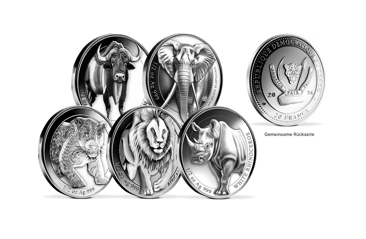 5er Set High-Relief Silbermünzen Big Five Löwe, Elefant, Leopard, Rhinozeros, Büffel