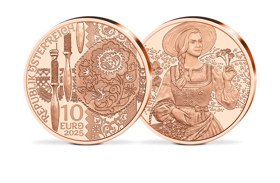 10-Euro-Kupfermünze Österreich Aufdirndln - Leinen 10-Euro-Kupfermünze Österreich Aufdirndln - Leinen