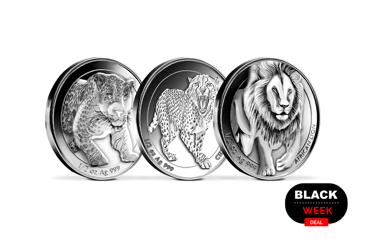 3er Set Highrelief-Silbermünzen Jäger der Wildnis  Löwe, Leopard, Gepard