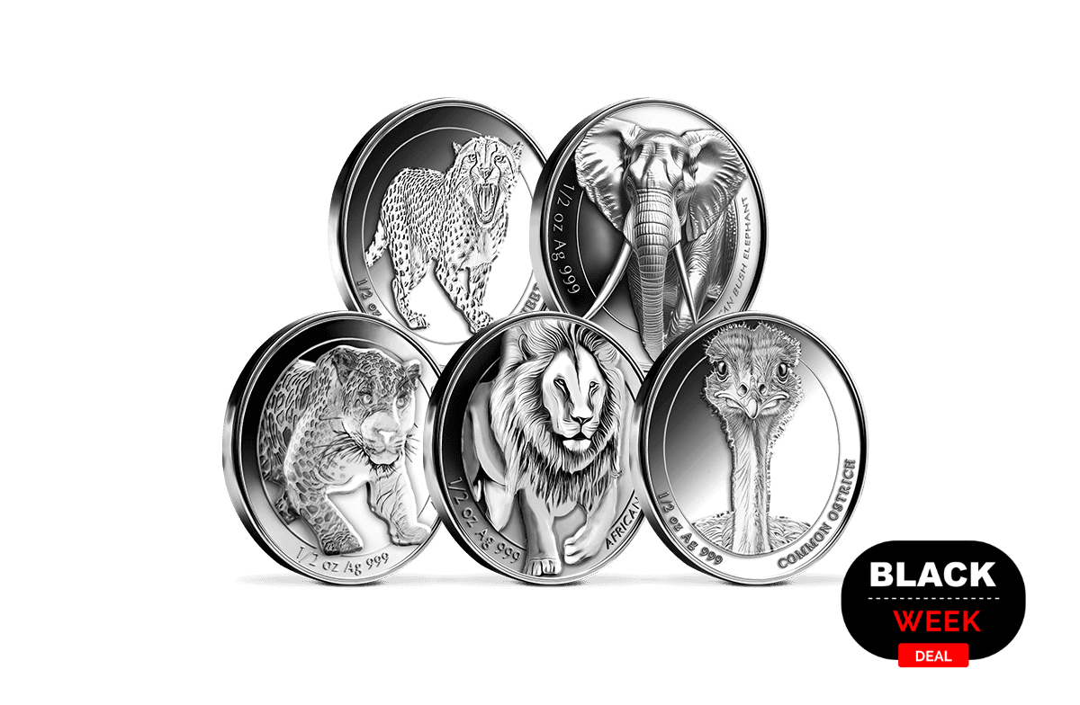 5er Set High-Relief Silbermünzen  Löwe, Leopard, Strauß, Gepard, Elefant 