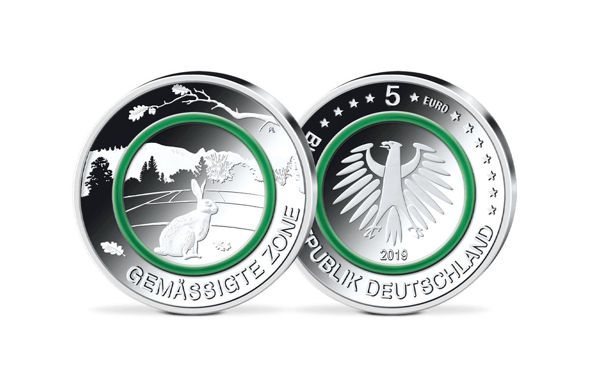 5-Euro-Münze 2019 Gemäßigte Zone mit grünem Polymer-Ring 5-Euro-Münze 2019 Gemäßigte Zone mit grünem Polymer-Ring