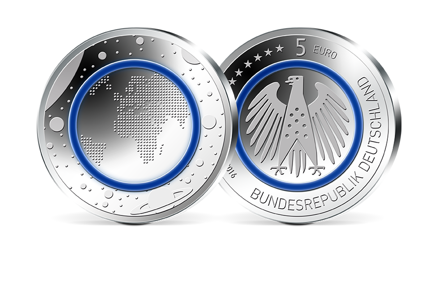 5-Euro-Münze Planet Erde 2016 mit blauem Polymer-Ring 5-Euro-Münze Planet Erde 2016 mit blauem Polymer-Ring