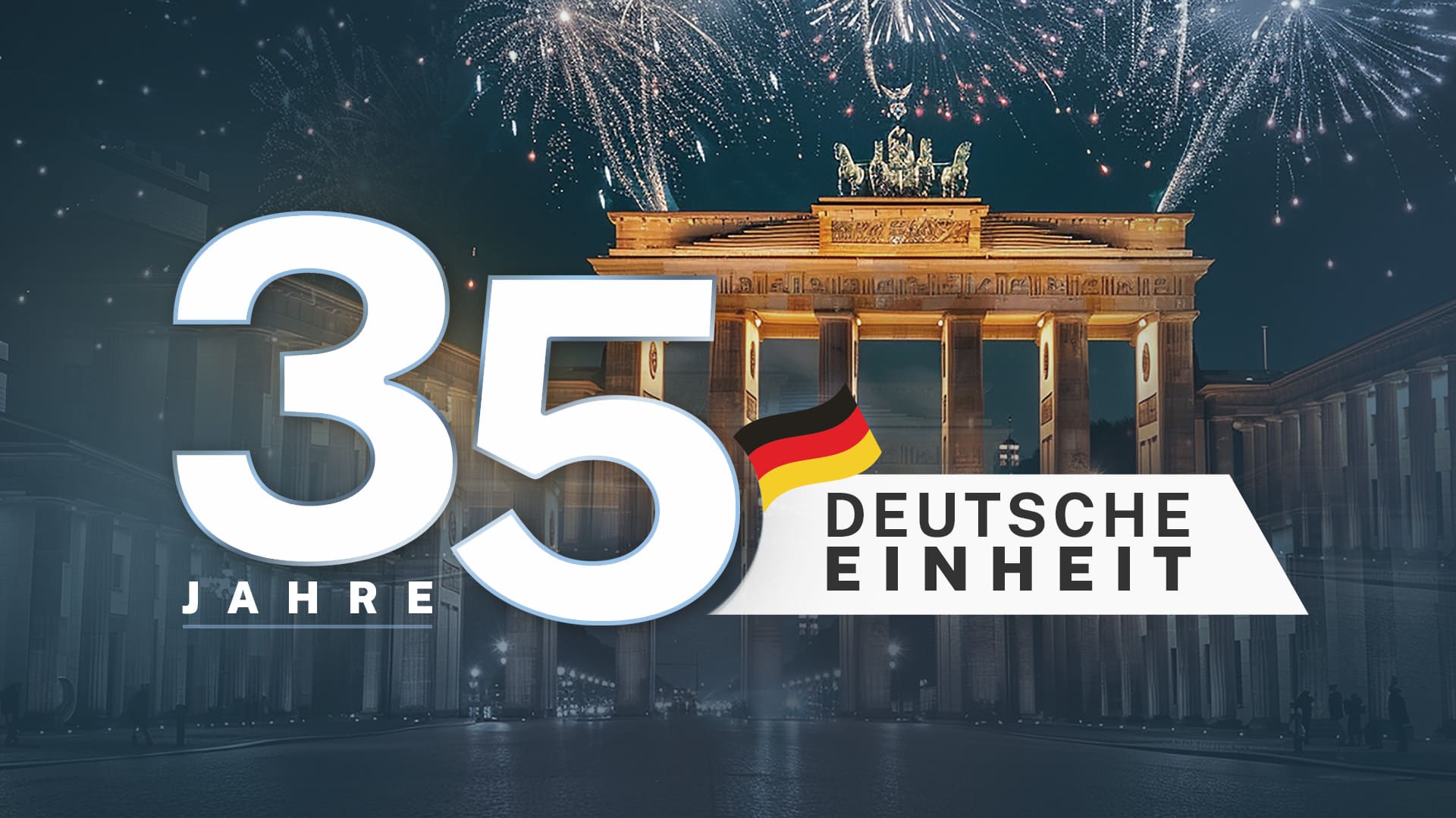 Schriftzug „35 Jahre Deutsche Einheit“ mit Brandenburger Tor im Hintergrund