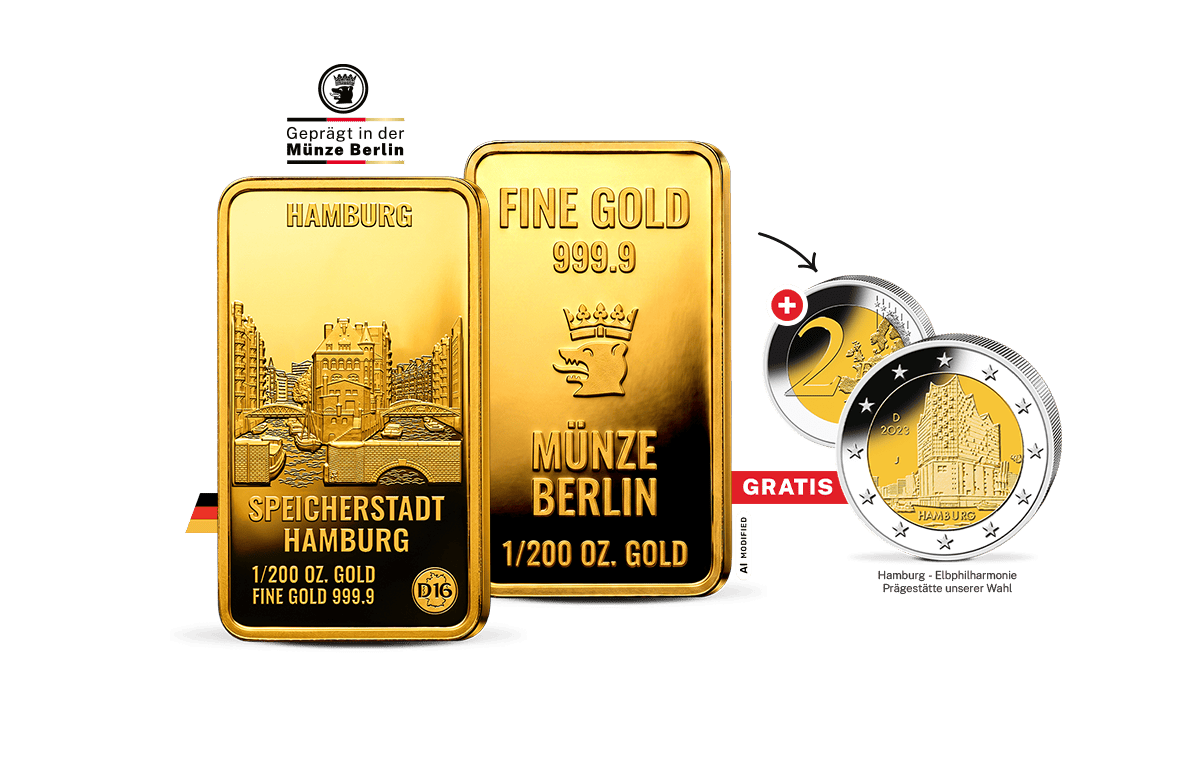 Goldbarren Hamburg + 2-Euro-Gedenkmünze Elbphilharmonie