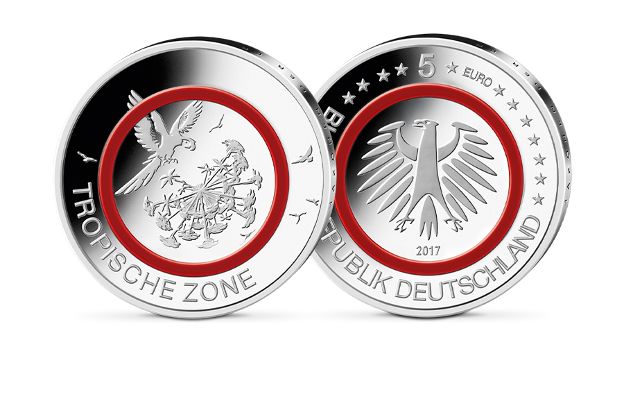 5-Euro-Münze Tropische Zone mit rotem Polymer-Ring 5-Euro-Münze Tropische Zone mit rotem Polymer-Ring