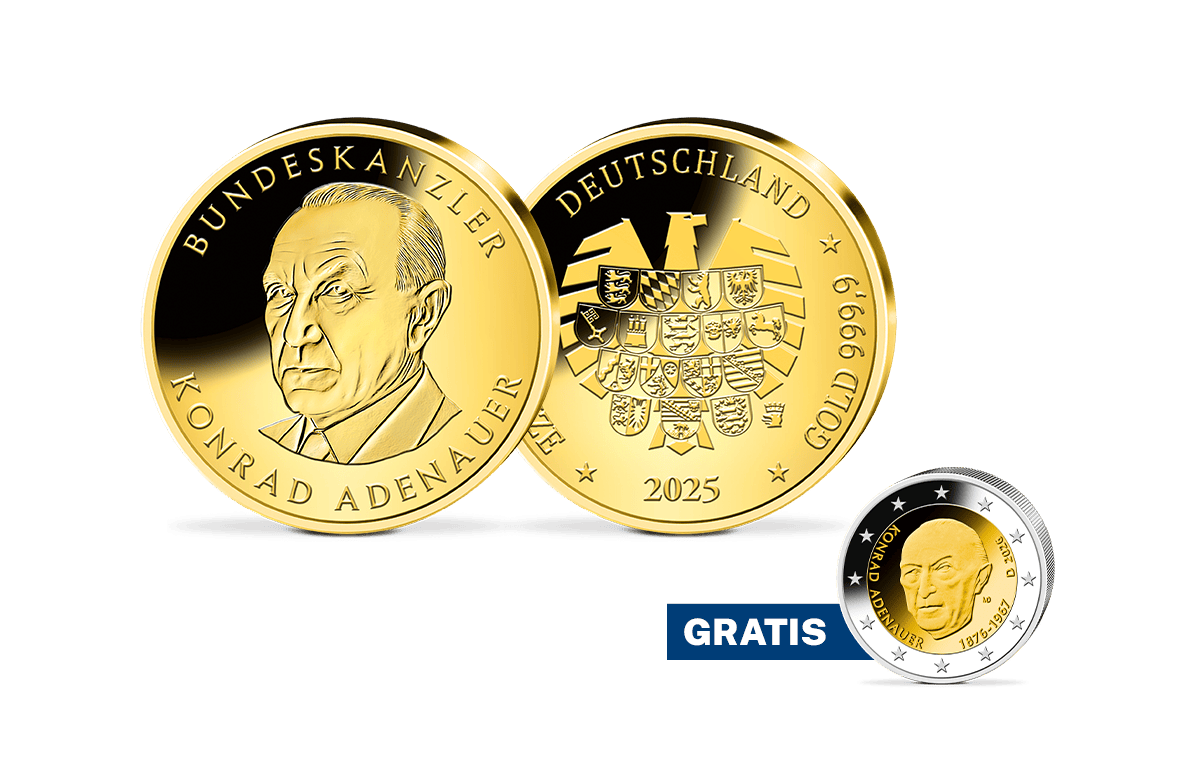 Goldprägung Bundeskanzler Konrad Adenauer + Gratis 2-Euro-Münze Konrad Adenauer