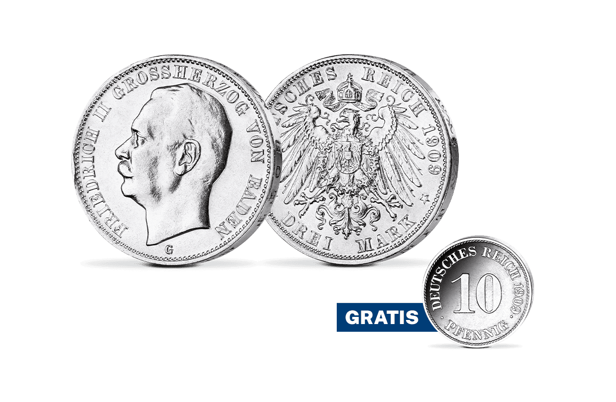 Originale 3-Mark-Silbermünze und 10 Pfennig des Deutschen Kaiserreichs