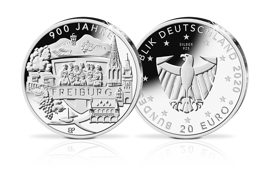 20-Euro-Gedenkmünze 900 Jahre Freiburg 2020 in PP 20-Euro-Gedenkmünze 900 Jahre Freiburg 2020 in PP