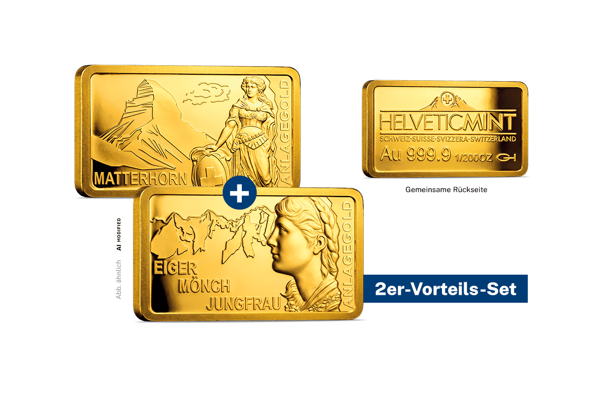 2er‑Vorteils‑Set: Schweizer Anlagebarren Eiger Mönch Jungfrau + Matterhorn 