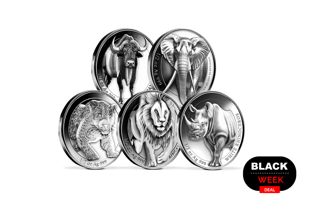 5er Set High-Relief Silbermünzen Big Five Löwe, Elefant, Leopard, Rhinozeros, Büffel