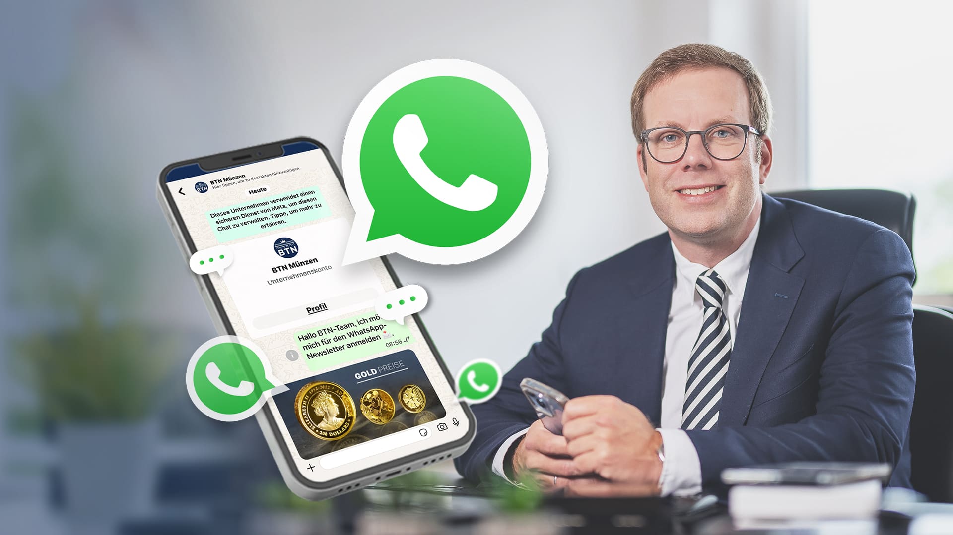 Werbebild mit einem Handy und Geschäftsführer für WhatsApp-Newsletter Werbebild mit einem Handy und Geschäftsführer für WhatsApp-Newsletter