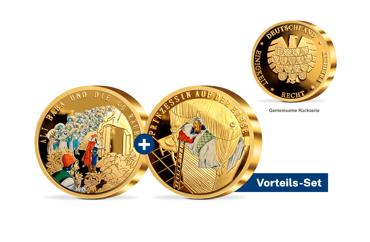 Piedfort-Gedenkprägungen Ali Baba und die 40 Räuber + Die Prinzessin auf der Erbse