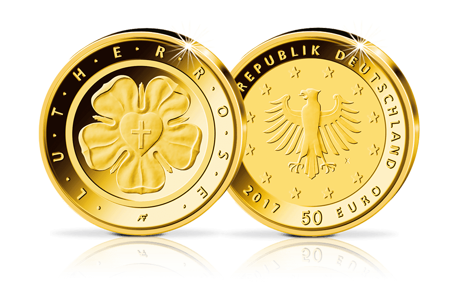 Die erste 50-Euro-Goldmünze Deutschland Lutherrose 2017 Die erste 50-Euro-Goldmünze Deutschland Lutherrose 2017