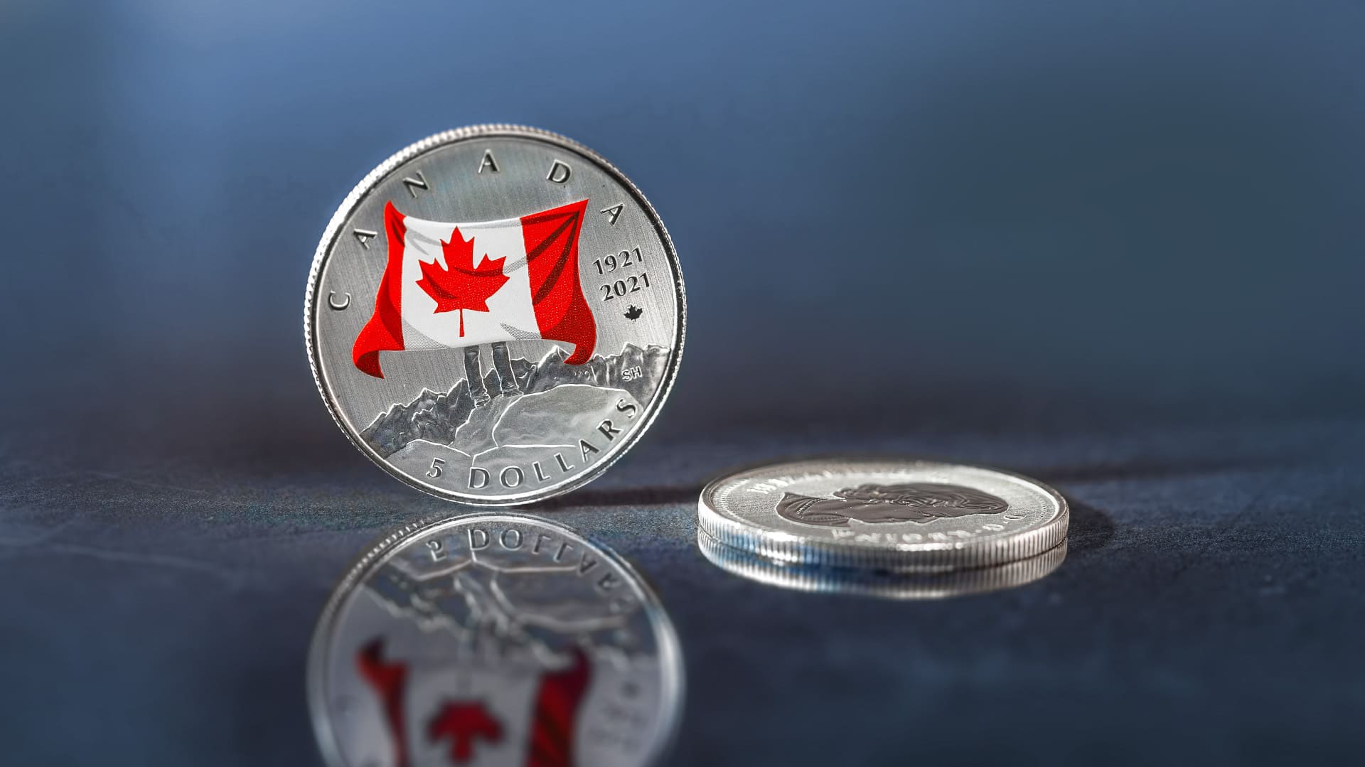 Silber-Dollar Kanada Canada's National Colour steht vor blau-grauen Hintergrund Silber-Dollar Kanada Canada's National Colour steht vor blau-grauen Hintergrund