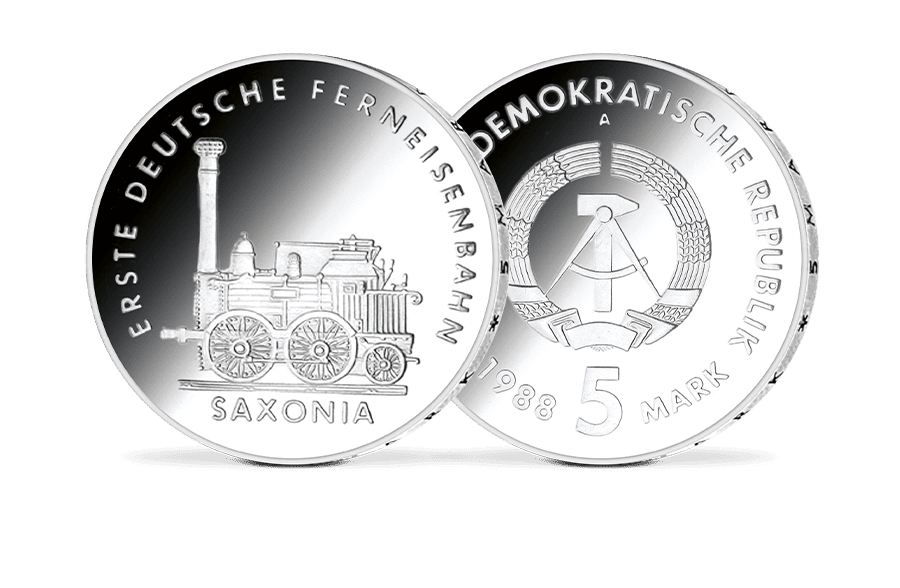 5-Mark-Münze Erste deutsche Ferneisenbahn Saxonia 5-Mark-Münze Erste deutsche Ferneisenbahn Saxonia