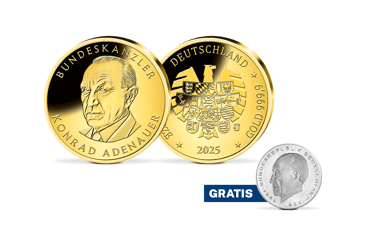 Goldprägung Bundeskanzler Konrad Adenauer + Gratis 2-DM-Münze Konrad Adenauer