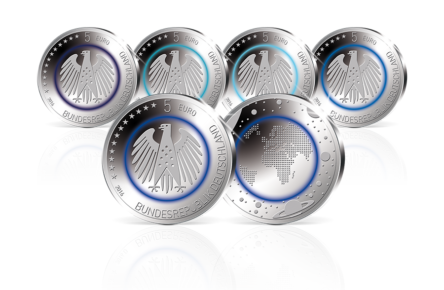 5x5-Euro-Münze 2016 Planet Erde Komplettsatz mit Polymer-Ring Komplettsatz in PP