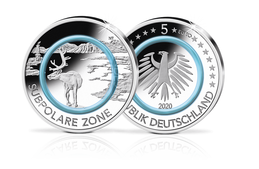 5-Euro-Münze 2020 Subpolare Zone mit türkisem Polymer-Ring 5-Euro-Münze 2020 Subpolare Zone mit türkisem Polymer-Ring