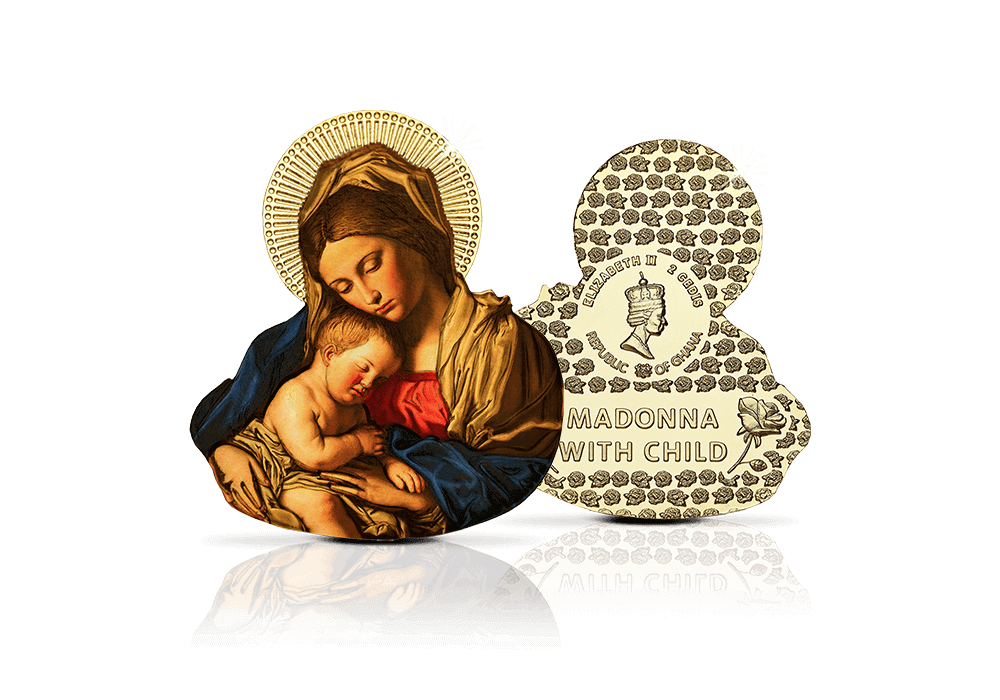 Gedenkmünze Madonna mit Kind vergoldet und koloriert Gedenkmünze Madonna mit Kind vergoldet und koloriert